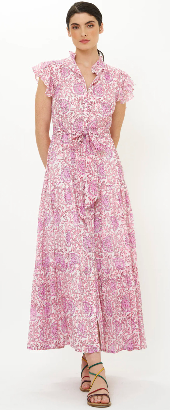 OLIPHANT Tuckernuck Ruffle Collar Button Maxi Dress Malta Pink Floral Print XS